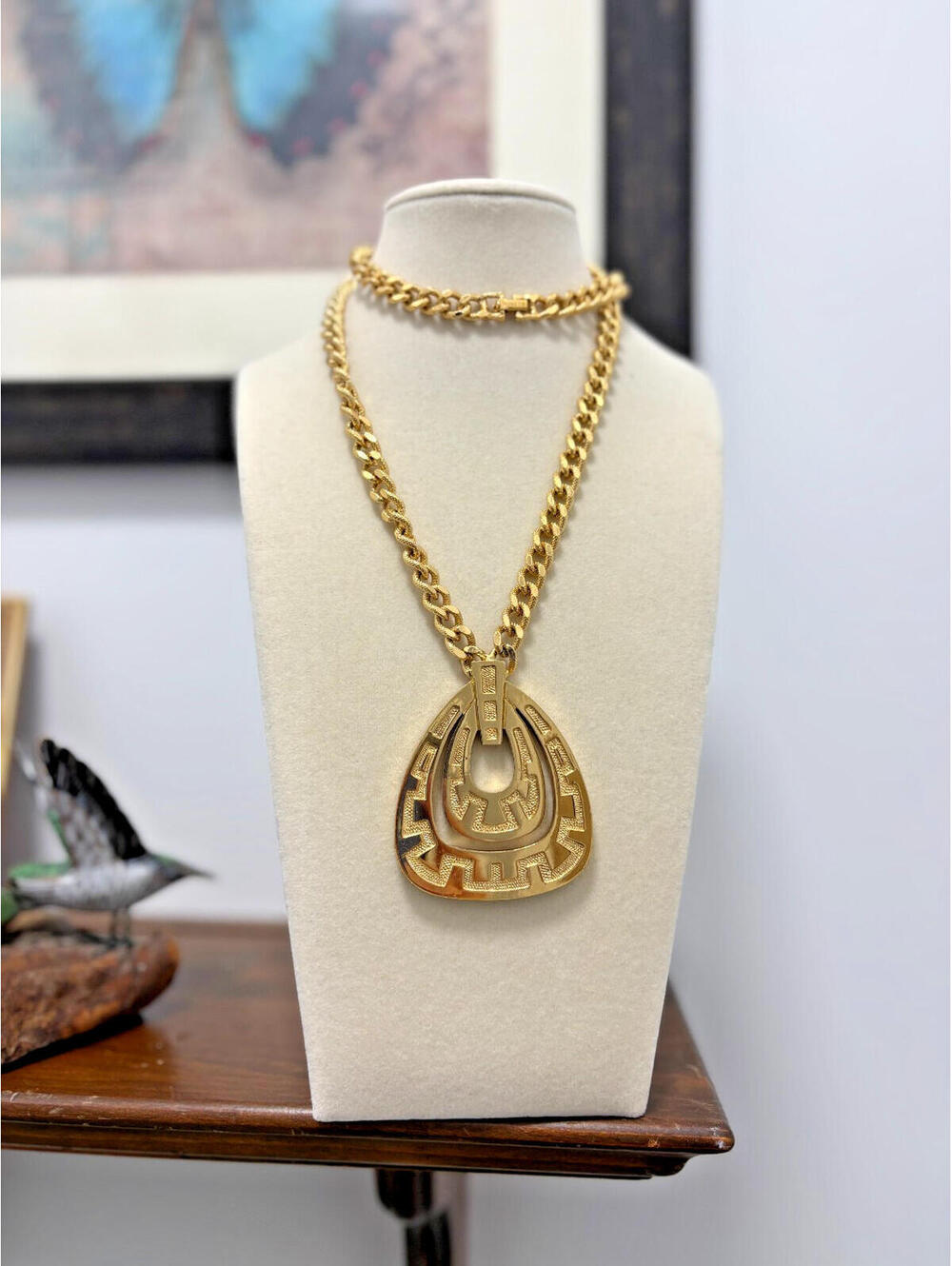 Vintage Monet Runway Necklace w Greek Key Style Pendant Shiny Gold Tone Glam 80s